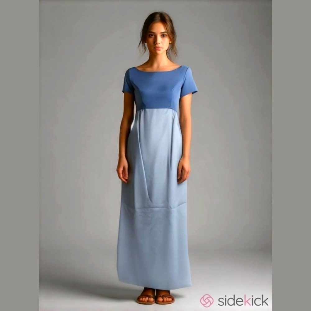 Vintage 60s-70s Maxi Dress Formal Bridesmaid Cotton S Short Sleeve Blue …